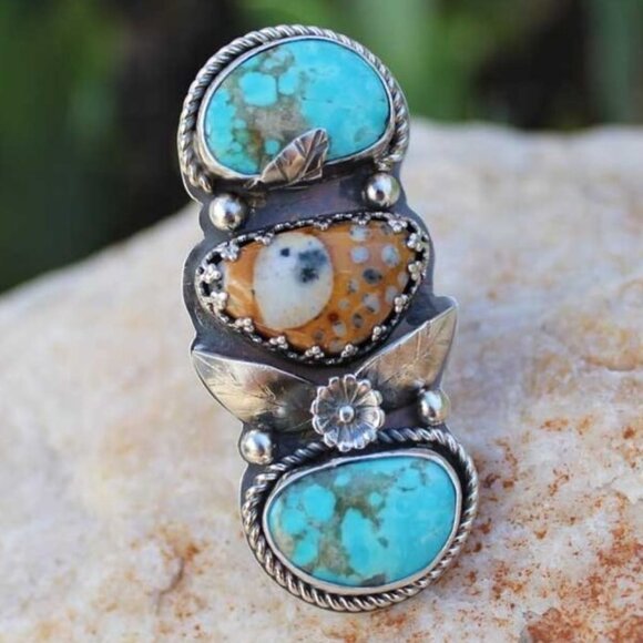 Etsy Artisan After Dark Designs Fawn Jasper Turquoise Sterling Silver Ring 6.5 - Picture 3 of 15